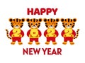 Happy chinese new year 2022 with cute cartoon tiger in red costume holding numbers in their hands.